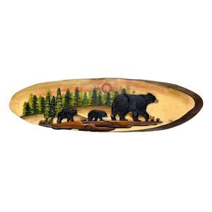Walking Bear Family Wood Wall Sculpture 31.5 x 9 in Rustic Oval Cabin Decor